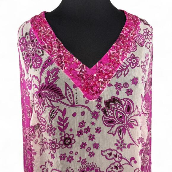 Vintage Silkland Tunic Top 1X 100% Silk Y2K Beaded Boho Tunic Pink Floral Sheer - Picture 2 of 8
